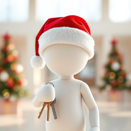 3D character model of a white humanoid figure wearing a red and silver Santa hat, holding a set of keys, standing in a bright, well-lit environment, Canon EOS R5, 50mm f/1.2 lens, aperture f/8, ISO 100, natural lighting, shallow depth of field.