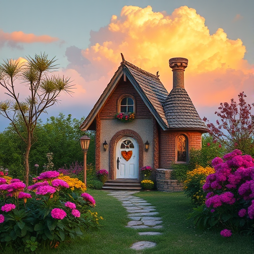 A whimsical fairy tale cottage surrounded by vibrant flowers and soft pink clouds in the background, captured in high resolution with a DSLR camera, aperture f/2.8, ISO 100, 24mm lens, with a golden hour lighting effect for a dreamy atmosphere.