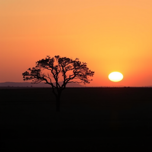 Create a minimalistic landscape featuring a single tree silhouetted against a sunset with warm gradient colors, using a wide-angle lens, f/8 aperture, ISO 100, and 1/200 second shutter speed to enhance the clarity and detail of the scene.