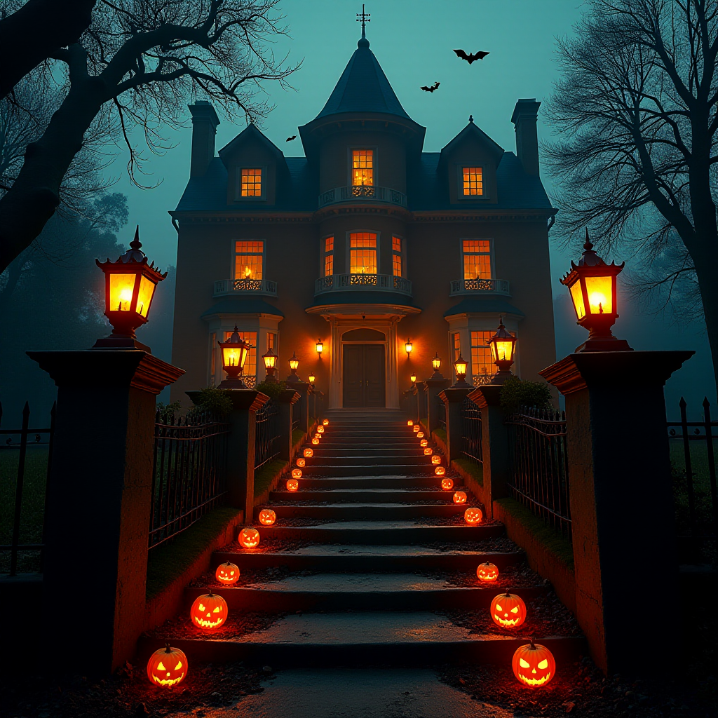 airbrushed oil painting, halloween theme, a haunted house, stairs, highly decorated, illuminated, lanterns, jack o'lantern, bats, webcobs