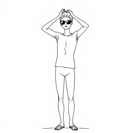 Create a minimalist line drawing of a tall, slender figure with sunglasses, standing with hands on its head, use a Canon EOS R5 camera, ISO 100, aperture f/8, focal length 50mm, with natural lighting and a soft-focus background.