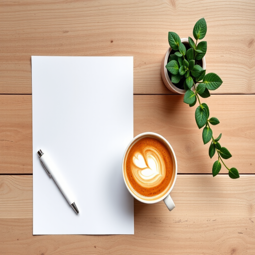 Create a flat lay composition featuring a blank sheet of paper, a white pen, a small potted plant, and a cup of coffee with latte art, using a DSLR camera at 50mm, f/2.8 aperture, ISO 200, natural lighting, and a slight overhead angle to enhance image quality.
