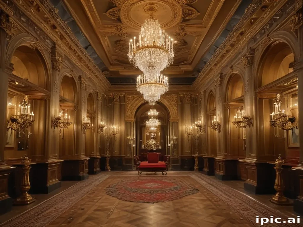 Opulent Grand Hall Featuring Ornate Chandeliers and Elegant Red Throne