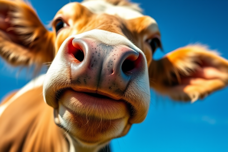 Close-up of a cow with a playful expression, vibrant blue sky background, natural lighting, 50mm lens, aperture f/1.8, ISO 100, shallow depth of field, digital camera, photography style.