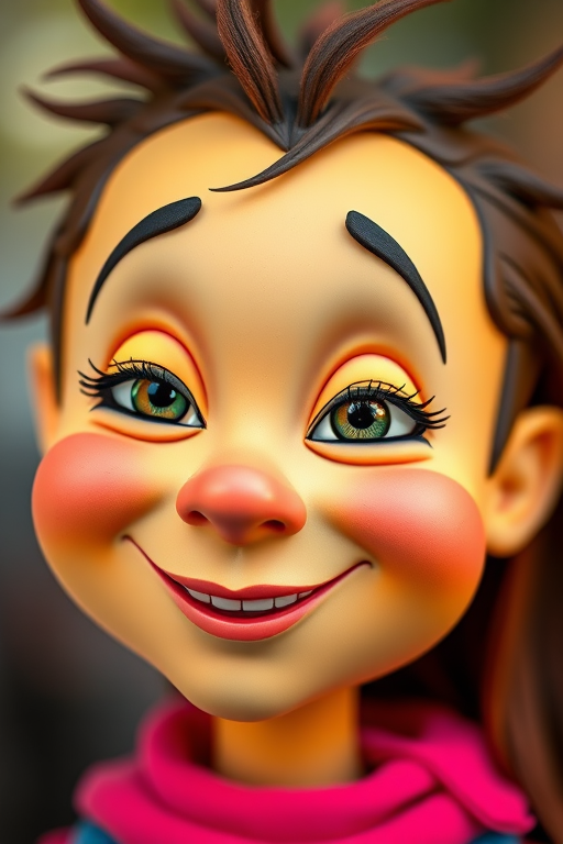 Create a cartoon character face with exaggerated features, bright colors, and a cheerful expression, using a 50mm lens, f/1.8 aperture, 1/200 sec shutter speed, natural light, and a shallow depth of field to enhance details and vibrancy.