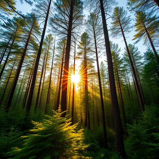 Generate a high-quality image of a serene forest landscape at sunrise, with soft golden light filtering through tall trees, showcasing vibrant green foliage and a clear blue sky, taken with a Canon EOS R5, 35mm lens, aperture f/8, ISO 200, 1/125s, in a wide-angle view for a breathtaking perspective.