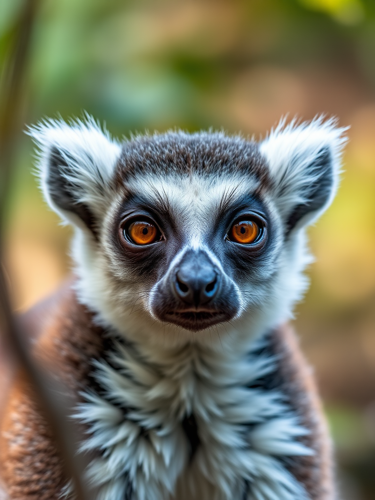 a close-up shot of a lemur in natural habitat, shallow depth of field, 85mm lens, aperture f/1.8, ISO 100, shutter speed 1/200s, soft natural lighting, high-resolution, taken with a DSLR camera