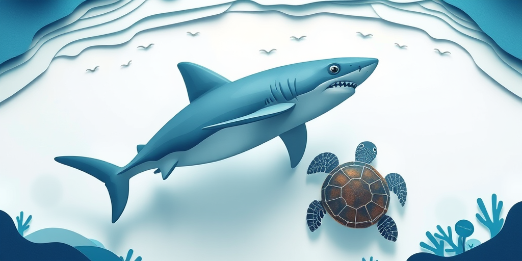 Create a high-quality digital illustration of an underwater scene featuring a shark and a turtle, using a top-down view, with smooth gradients and layered paper cut styles, settings: ISO 100, f/4 aperture, 50mm lens, in a bright, soft light environment.