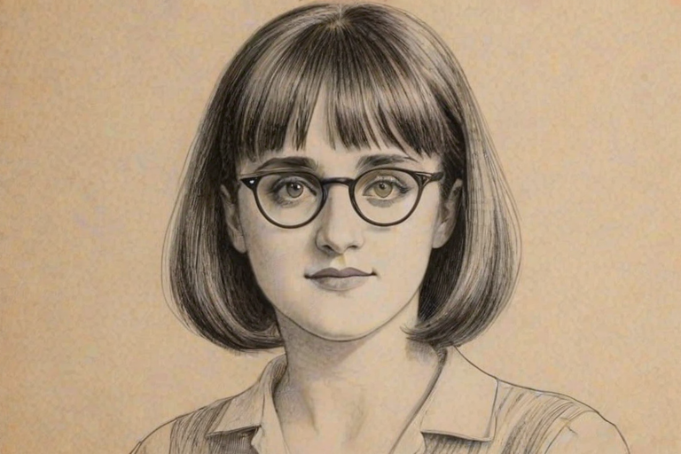 Attractive Mara Wilson, pencil sketch, portrait of Charming woman 1924s in glasses, hair style beatnik, outline, clear lines, fine lines, 8k