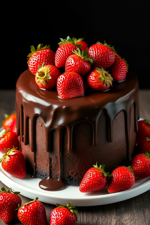 Chocolate cake with strawberries on top rich chocolate ganache dripping down the sides placed on a white plate surrounded by fresh strawberries dark background soft lighting