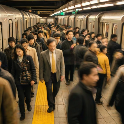 Blurry, fast-paced image of a crowded subway station during rush hour, people moving quickly, heads down, the sound of footsteps and distant announcements, soft overhead lighting casting a yellow hue on the scene, subway train pulling into the station, wind gusting through the platform.