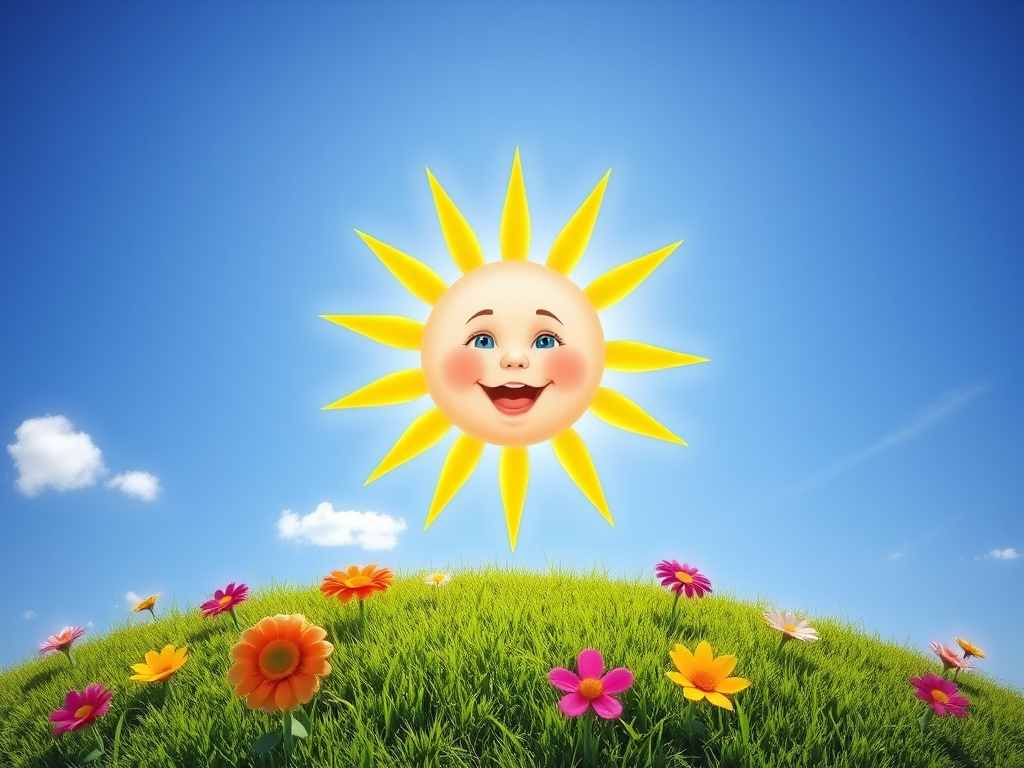 Create an image shows a bright, sun with a smiling baby's face in the center, radiating soft yellow rays. The sun is set against a clear blue sky with a few wispy clouds. Below, there's a lush green grassy hill with colorful, oversized flowers, giving the scene a whimsical, playful atmosphere.
