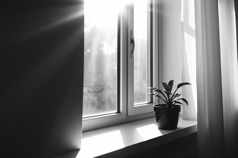 black and white photo of a window with soft sunlight streaming in and a small potted plant on the windowsill, captured with a DSLR camera at f/1.8, ISO 200, shutter speed 1/100s, narrow depth of field, shot from a low angle for dramatic lighting and emphasis on the sunlight rays