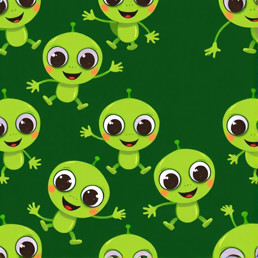 Create a seamless pattern design featuring cheerful green cartoon aliens with big eyes, holding hands on a dark green background, captured with a Canon EOS R5 at f/8, ISO 100, 50mm lens, top-down view, vibrant colors and high contrast for enhanced clarity.