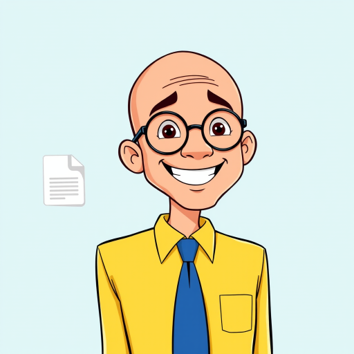 Create a cartoon-style illustration of a cheerful bald man with round glasses, wearing a yellow shirt and blue tie, set against a vibrant light blue background, with a document icon on the left; use a high-resolution digital camera with a 50mm lens, f/1.8 aperture, ISO 100, and soft lighting for enhanced clarity and detail.