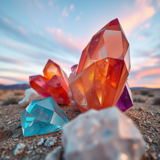 generate an image of large, colorful crystals in a desert landscape during sunset, with soft pink and purple hues in the sky, shot with a Canon EOS R5 at f/8, ISO 100, 24mm lens, in portrait orientation, using a macro perspective to capture intricate details and reflections on the crystal surfaces.