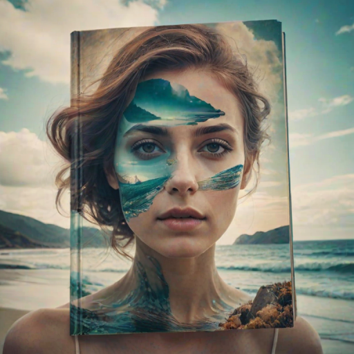 imagine Book cover, A surreal double exposure portrait that blends a woman's face with a beautiful seascape. The overall mood is dreamy and mystical, with rich colors and intricate details