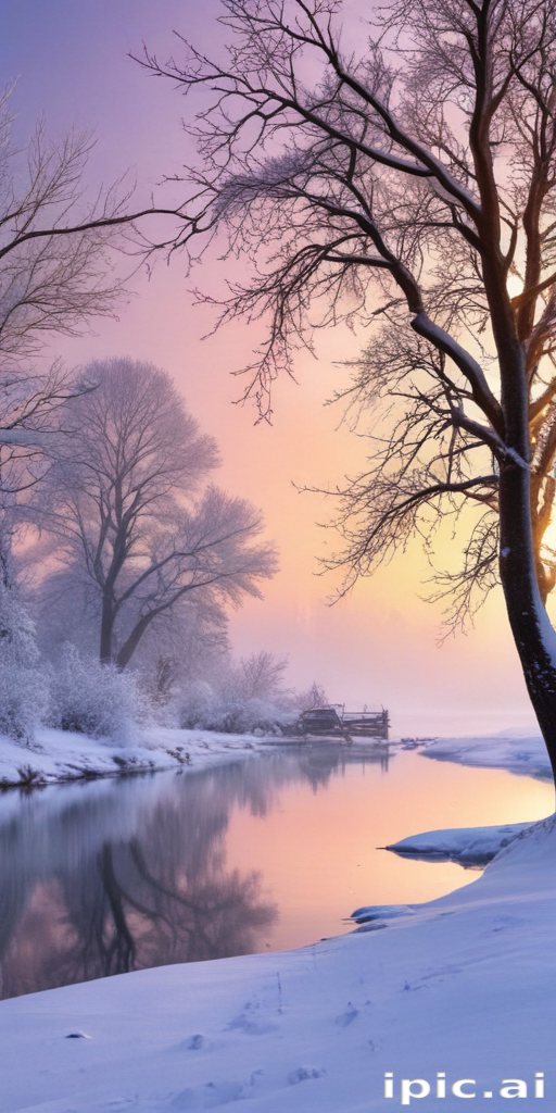 Serene Winter Landscape with Snow-Covered Trees and Calm River Reflection