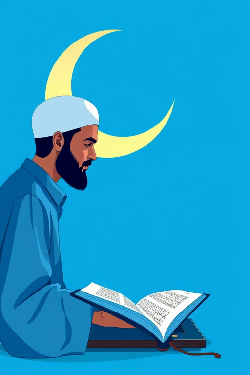 Create an illustration of a man reading the Quran with a crescent moon and star in the background, using a bright blue color scheme; use a 50mm lens, aperture f/1.8, ISO 100, soft lighting, and a digital illustration style for high detail and clarity.