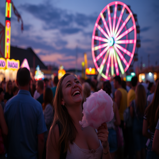 Busy carnival at twilight, vibrant lights from the rides reflecting on the faces of the crowd, a woman holds a cotton candy stick, laughing as she watches a Ferris wheel spin in the distance.
