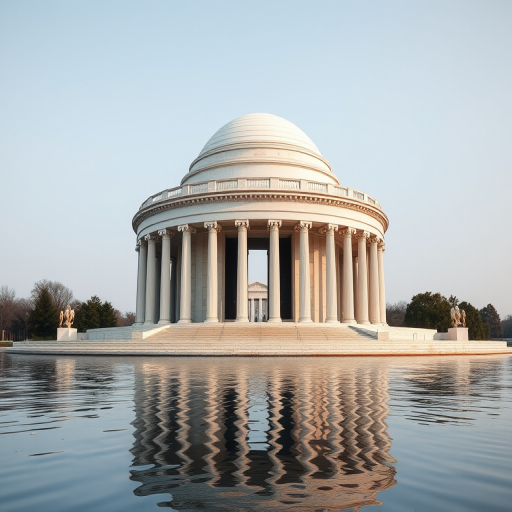 Render a 3D image of a neoclassical monument similar to the Jefferson Memorial with a circular dome, surrounded by a reflective water surface, taken with a DSLR camera at f/8, ISO 100, 24mm focal length, shot from a low angle perspective to emphasize symmetry and depth.