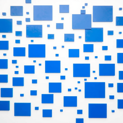Create an abstract image featuring a chaotic arrangement of blue and white rectangles and squares on a white background, focus on a clean and modern design, use a 50mm lens, aperture set to f/2.8 for depth of field, captured in high resolution with a digital SLR camera.