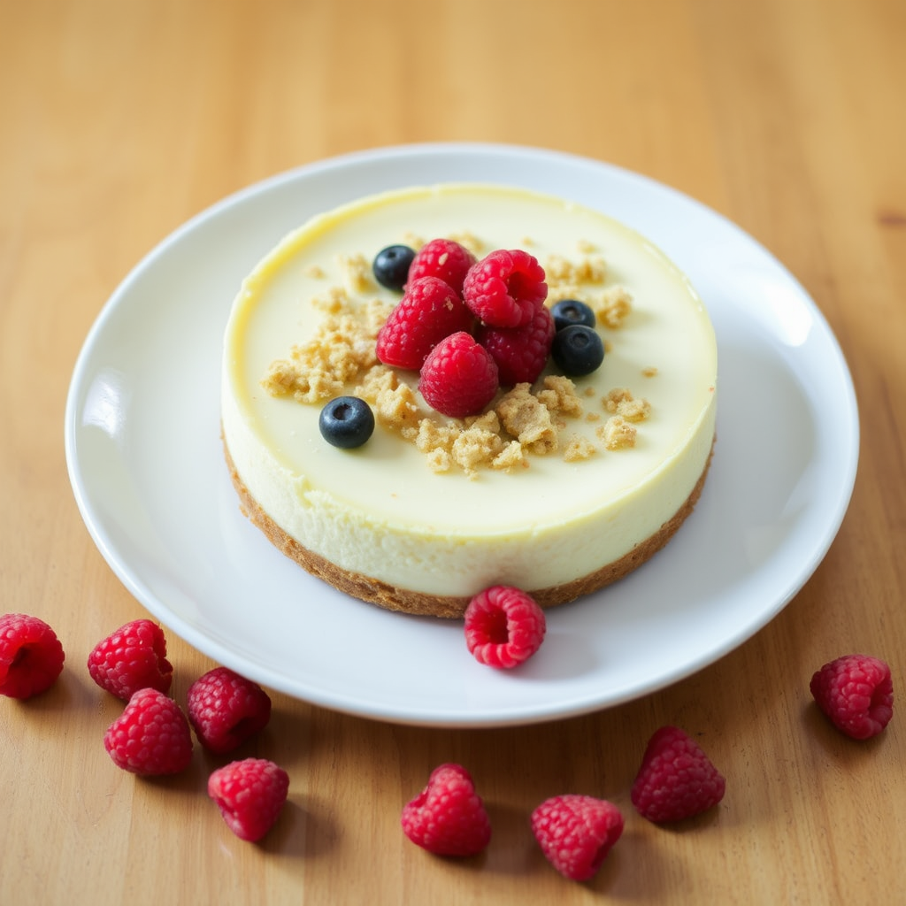A delicious cheesecake topped with a layer of mixed berries and a crumbly topping, placed on a white plate with fresh raspberries scattered around, set on a wooden surface.