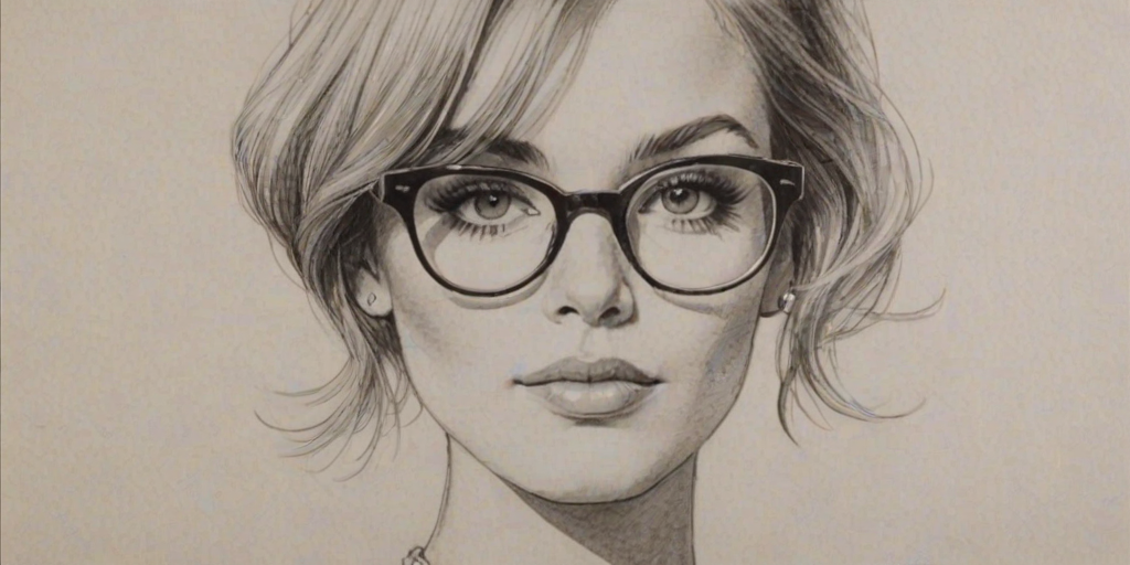 Dazzling Chloe Bailey, pencil sketch, portrait of Elegant woman 1967s in glasses, hair style beatnik, outline, clear lines, fine lines, 8k