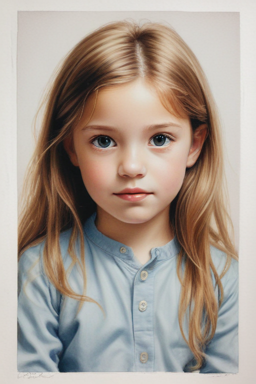 A Portrait of a Young Girl with Long Hair and Striking Blue Eyes