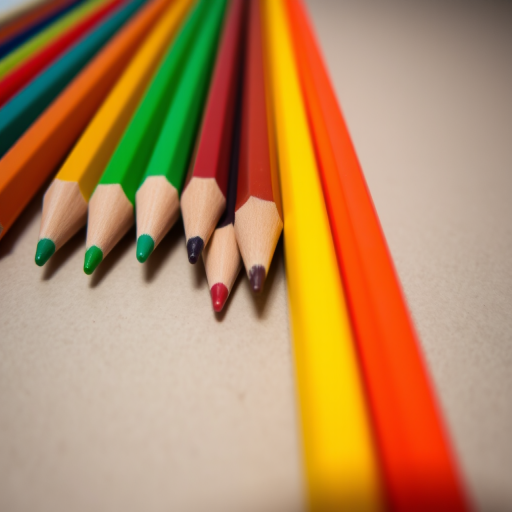 colorful array of sharpened colored pencils arranged in a row on a plain background, captured with a DSLR camera at f/2.8 aperture, 1/60 shutter speed, ISO 200, in macro view for enhanced detail and clarity.