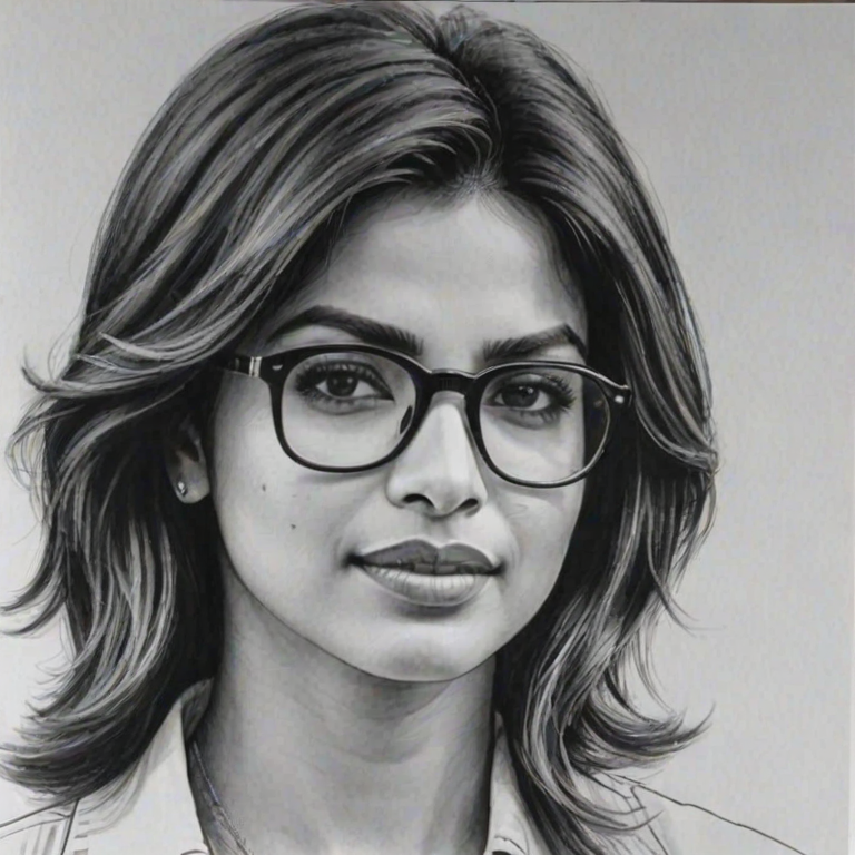 Wonderful Priyanka Chopra, pencil sketch, portrait of Wonderful woman 1977s in glasses, hair style beatnik, outline, clear lines, fine lines, 8k