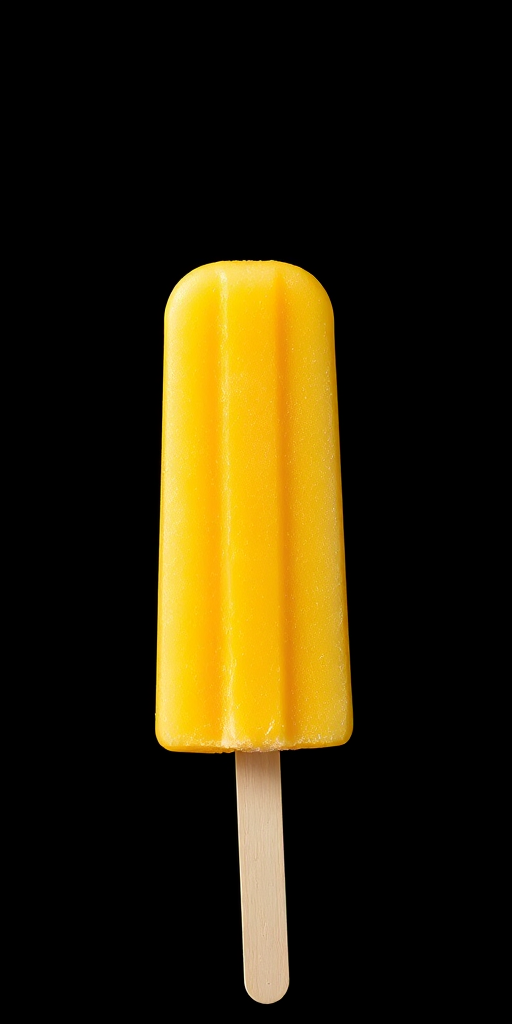 Create a high-resolution image of a bright yellow popsicle on a wooden stick centered against a plain black background, captured with a DSLR camera using a 50mm lens at f/2.8, ISO 100, with soft natural lighting for enhanced color vibrancy.