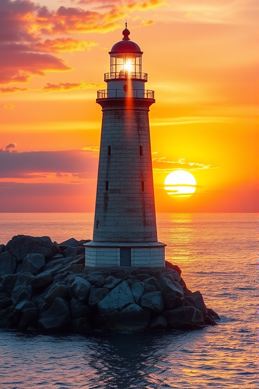 Generate an image of a tall lighthouse perched on a rocky outcrop surrounded by calm ocean waters during a breathtaking sunset. The lighthouse stands sturdy and weathered, its stone surface illuminated by the warm golden light of the setting sun. The sun's rays pass directly through the glass lantern room at the top of the lighthouse, casting a brilliant light across the scene. The sky is painted with vibrant shades of orange, pink, and purple, reflecting off the tranquil sea. The surrounding water shimmers with the same warm hues, creating a serene and majestic atmosphere.