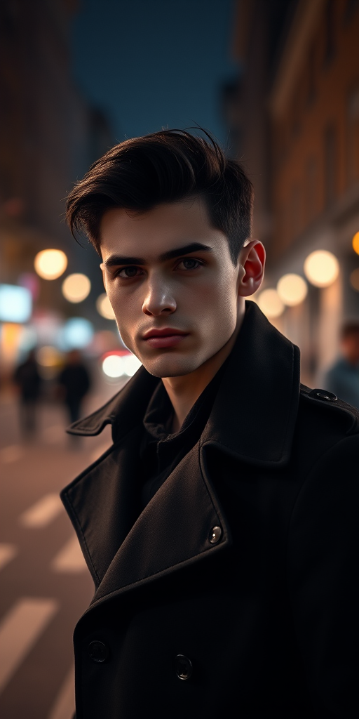 portrait of a young man with dark hair wearing a black trench coat, city street at night, soft bokeh background, Canon EOS 5D Mark IV, 50mm f/1.8 lens, ISO 200, aperture f/2.8, shutter speed 1/100s, cinematic lighting