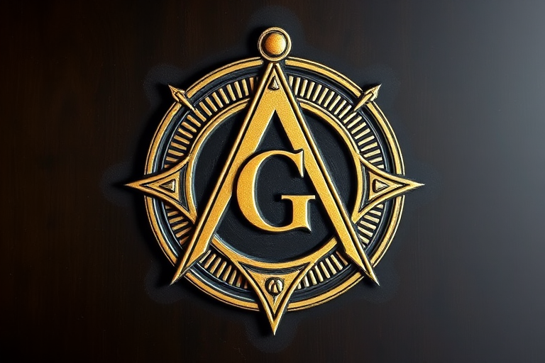 design a detailed emblem featuring a square and compasses with a 'G' in the center, high resolution, ISO 200, f/4 aperture, 50mm lens, top-down view, digital art style