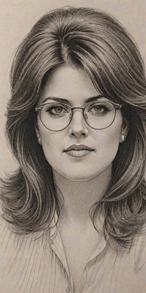 Exquisite Monica Lewinsky, pencil sketch, portrait of Fascinating woman 1980s in glasses, hair style beatnik, outline, clear lines, fine lines, 8k