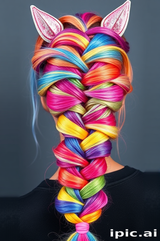 Whimsical rainbow unicorn braid, called "Prism Princess," intertwines multiple vibrant hues in a stunning, intricate plait that sparkles with glitter