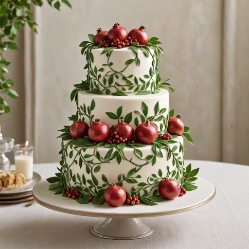 Create a three-tiered white cake adorned with realistic hand-painted pomegranates and green vines. The cake should have a clean and elegant look, with the pomegranates artistically placed around the tiers, enhancing the overall design. Focus on the intricate details of the fruits and leaves.