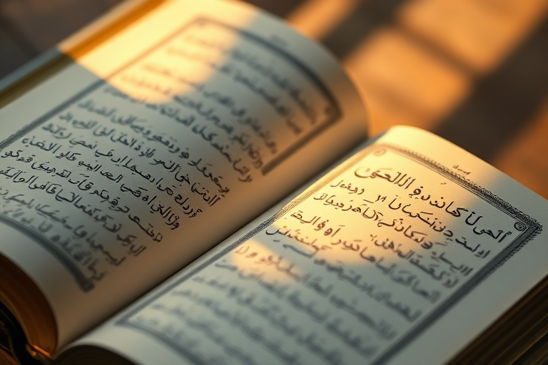 open book displaying Arabic text illuminated softly with a warm light, shallow depth of field, 50mm lens, f/1.8 aperture, ISO 200, shot with a DSLR camera, top-down view, natural lighting with focus on the text