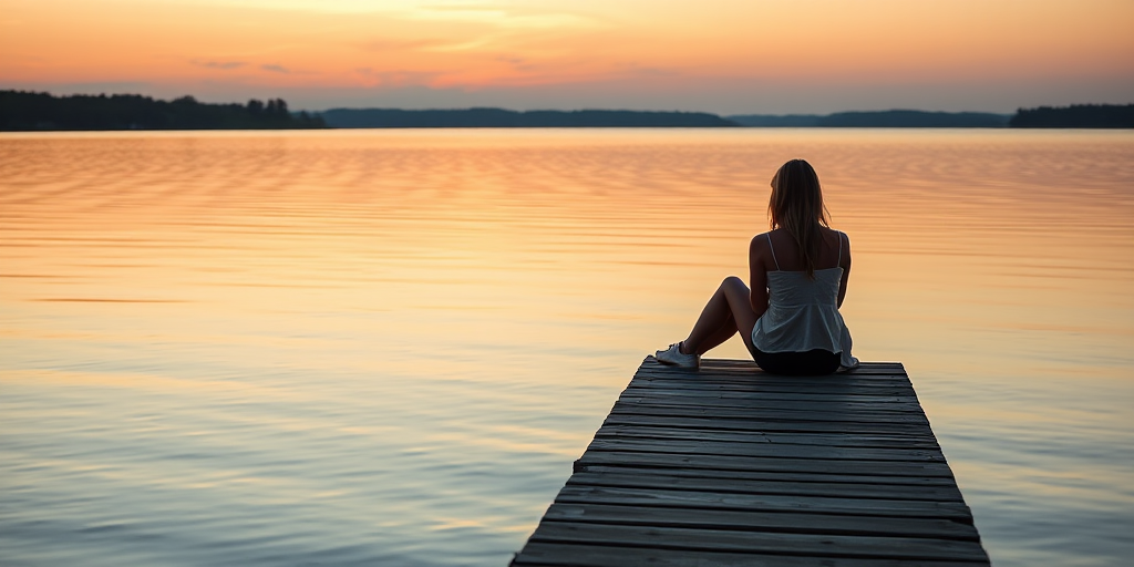 Quiet lakeside pier, the water reflecting the orange hues of the sunset, a woman sits at the end of the dock, her legs dangling over the side as she watches the sky change colors.