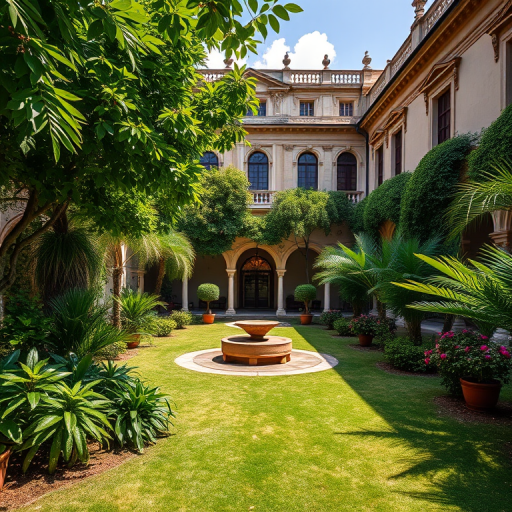 Regenerate the image of a lush courtyard with a historical building in the background featuring ornate architecture, taken with a DSLR camera at f/8 aperture, ISO 100, shutter speed 1/250s, in natural light, using a wide-angle lens to capture the entire scene with vibrant colors and sharp details.