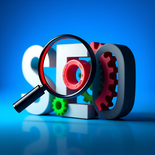 Create an image of the letters SEO in a modern font, with a large magnifying glass focusing on the O, incorporate colorful gears in the background, use a gradient blue backdrop for depth, capture with a DSLR camera at f/4, 1/125s, ISO 100, shoot from a 45-degree angle with soft focus and high dynamic range.