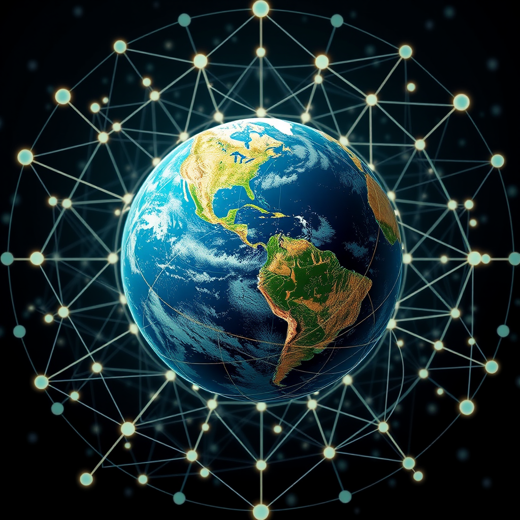 Create a high-resolution digital artwork of a globe surrounded by interconnected geometric shapes and network nodes, using a Canon EOS R5 with a 24mm lens, f/8 aperture, ISO 200, and a wide-angle view to enhance depth and detail.