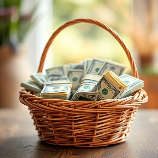 A wicker basket overflowing with bundles of cash, soft natural lighting, shallow depth of field, 50mm lens, f/1.8 aperture, 1/200s shutter speed, DSLR camera, high-resolution settings, warm color tones.