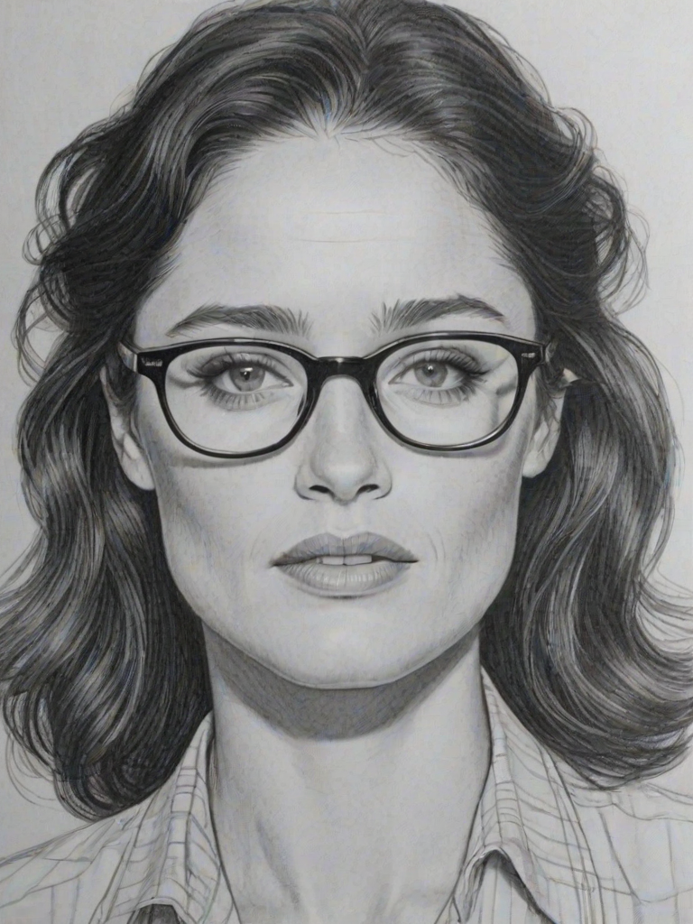 Attractive Robin Tunney, pencil sketch, portrait of Sublime woman 1949s in glasses, hair style beatnik, outline, clear lines, fine lines, 8k