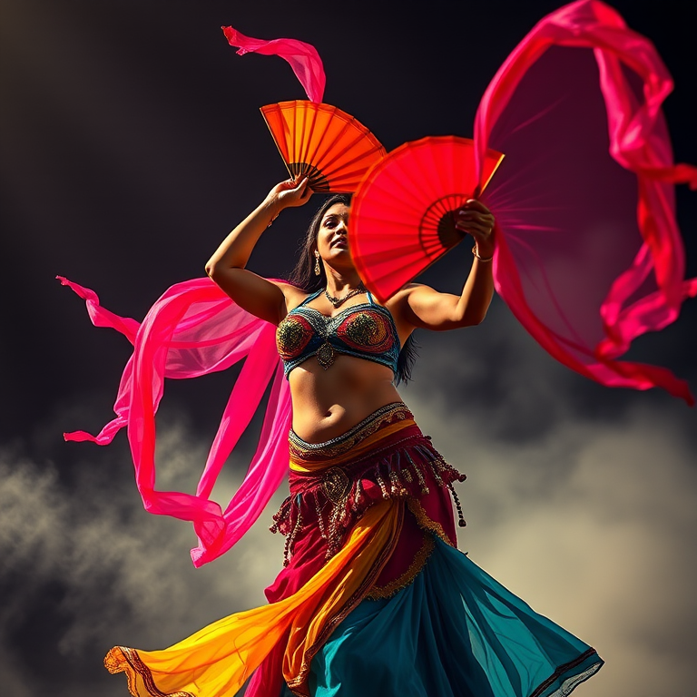 Regenerate a vibrant image of a belly dancer holding colorful fans with flowing fabric, use a DSLR camera with a 50mm lens at f/1.8, ISO 200, 1/200s shutter speed, captured in a low-angle view to emphasize movement, with dramatic lighting and a foggy background for added effect.