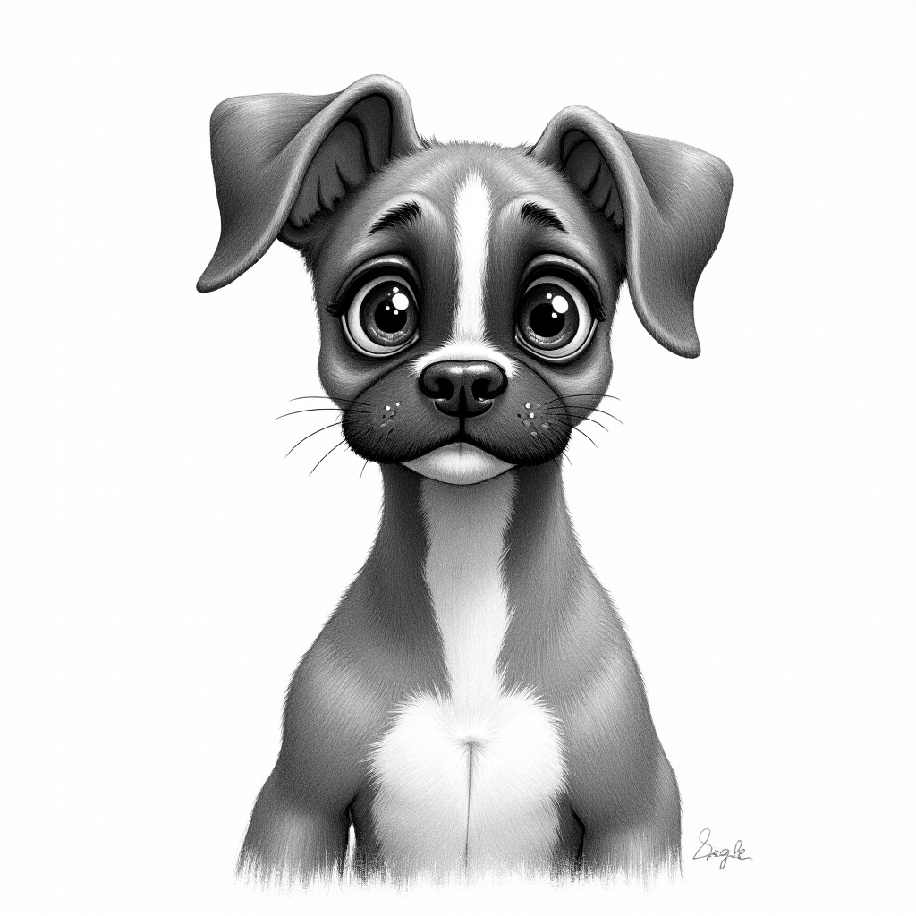 A doodle style pencil sketch illustration of a beautiful young Boxer dog, with large eyes and exaggerated facial features. White background