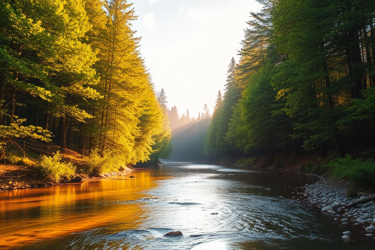 Create an image of a serene, sunlit forest scene with a clear, gently flowing river. Tall trees with lush green foliage line both sides of the river, their leaves bathed in the warm golden light of the setting or rising sun. The sunlight filters through the trees, casting soft, dappled light on the river, which flows over smooth rocks and pebbles, creating a peaceful, natural atmosphere. The sky is bright with a few scattered clouds, and the overall mood is tranquil, evoking a deep sense of connection with nature. The image captures the beauty of a calm, pristine forest landscape at either dawn or dusk.
