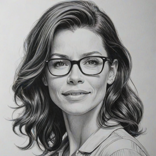 Magnificent Evangeline Lilly, pencil sketch, portrait of Elegant woman 1962s in glasses, hair style beatnik, outline, clear lines, fine lines, 8k