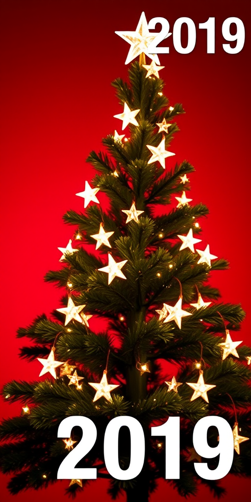 Christmas tree with glowing white stars on a vibrant red background, large text "2019" in the corner, taken with a DSLR camera, 50mm lens, aperture f/2.8, ISO 100, soft focus, high resolution.